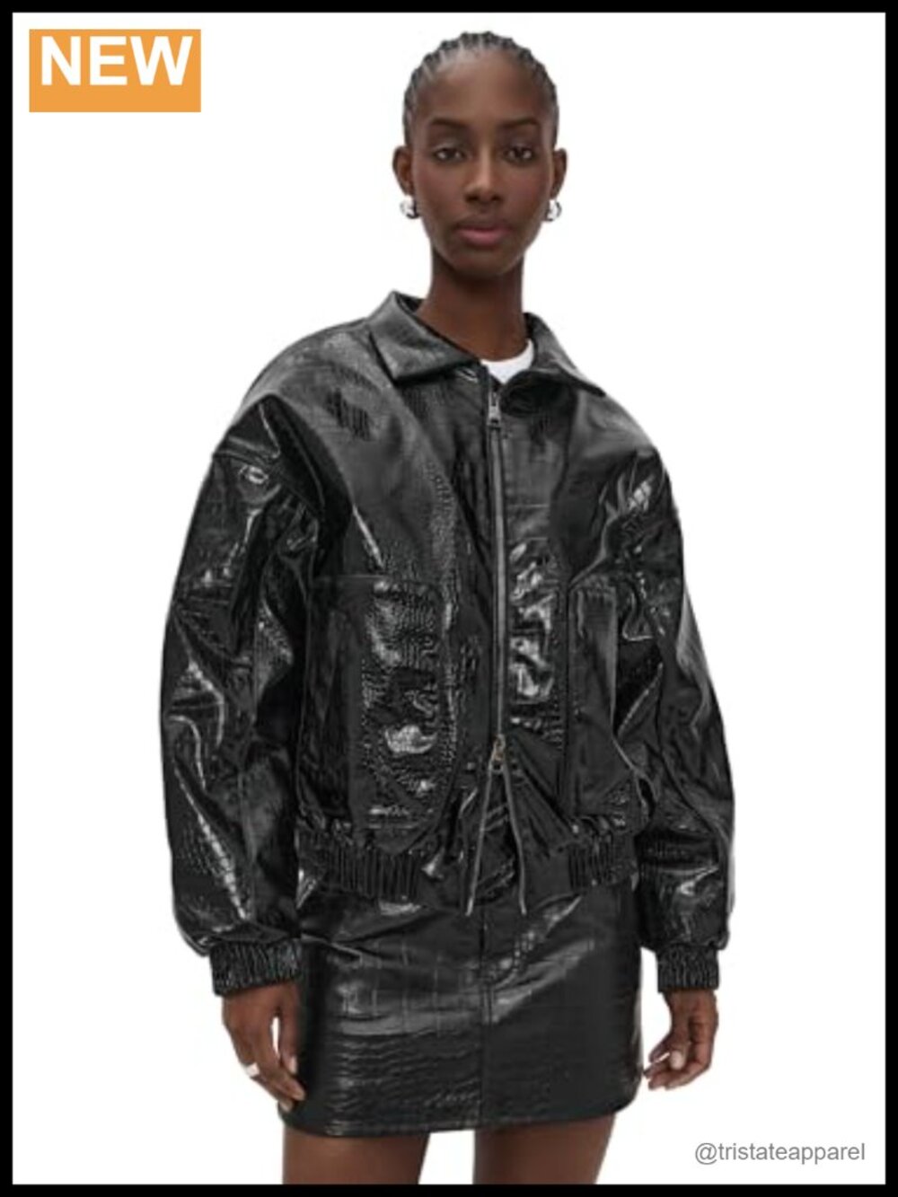 Faux Leather Bomber Jacket Croc-Embossed Heavyweight